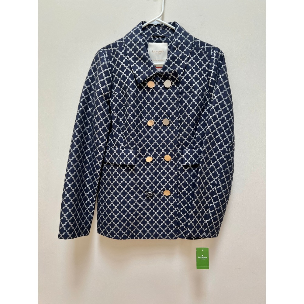 Kate Spade Jacket Womens 10 Navy Silver Metallic Trellis Double Breasted Blazer
